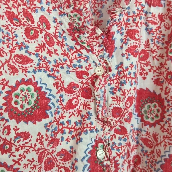 LRL Ralph Lauren Jeans Co. Red White Floral Cotton Shirt Sleeve Ruffle Top M - Picture 4 of 6